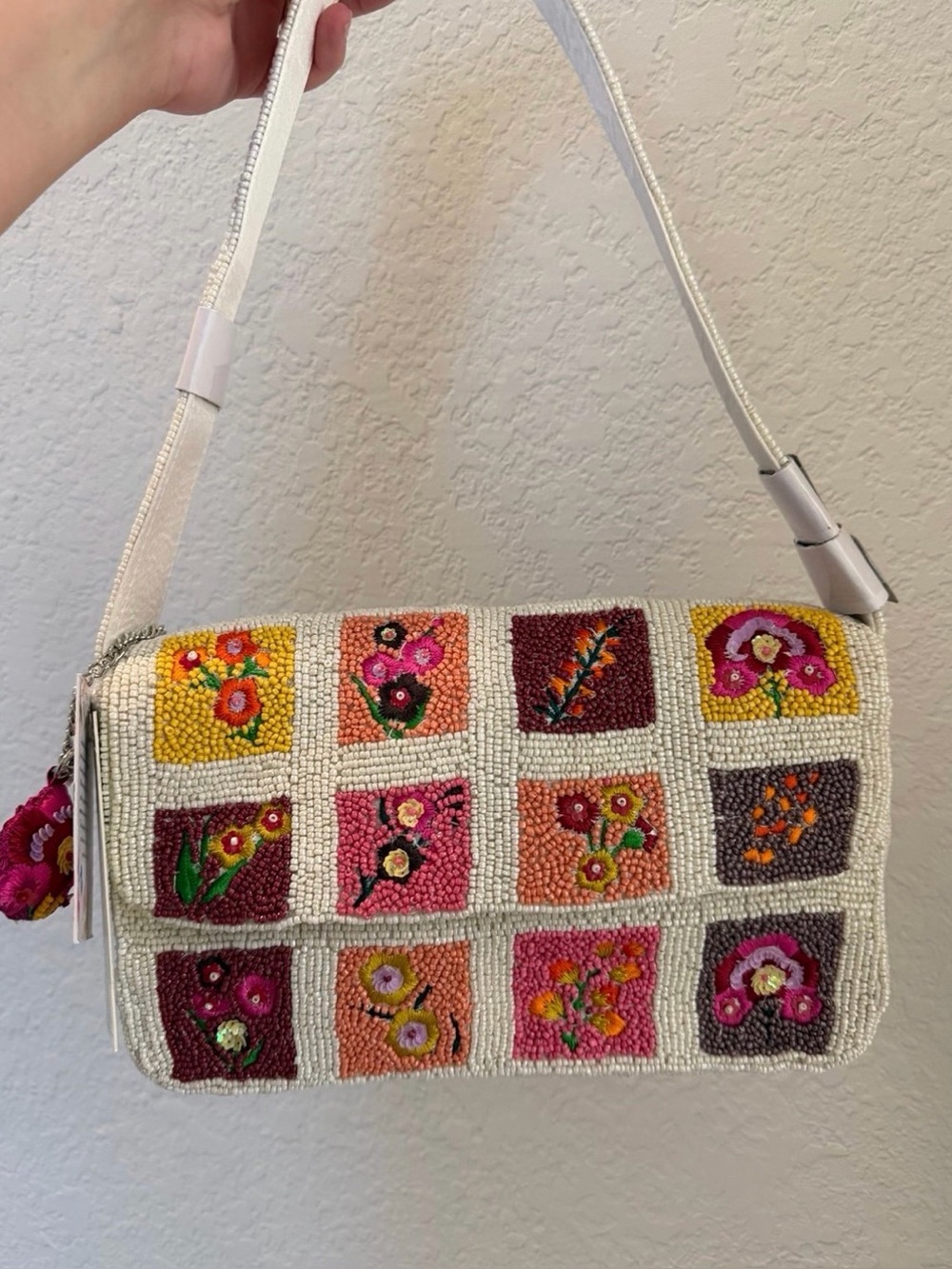 New Viral Floral Tile Patchwork Beaded Shoulder Bag w/Charm FIRM PRICE